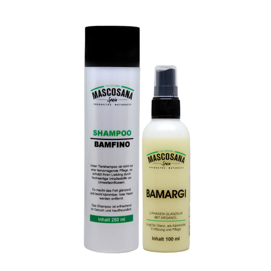 Mascosana - Bamfino Shampoo 250 ml & Bamargi Glanzspray 100 ml - Fellpflegeset für Hunde, Katzen & Pferde - Vegan